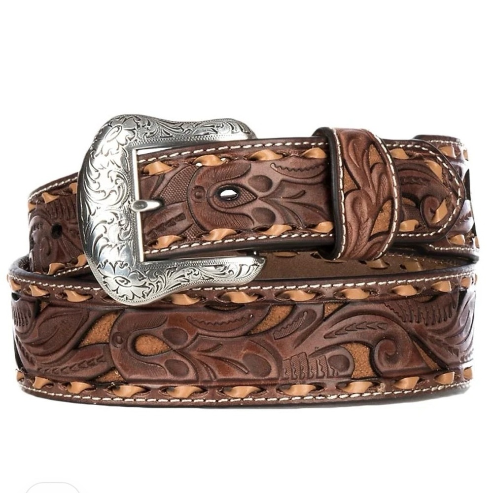 NEW Nocona Men’s Brown Genuine Leather Floral Inlay and Lace Western Belt, Sz 34